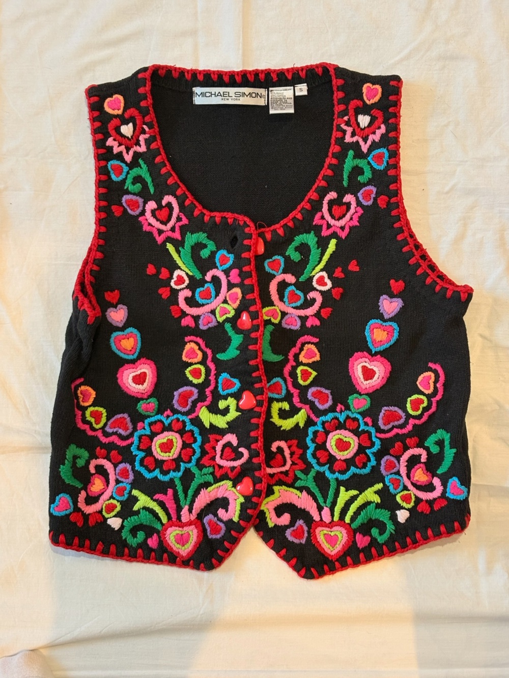 Michael Simon Black Knit Vest with Red Trim and Multicolor Embroidery